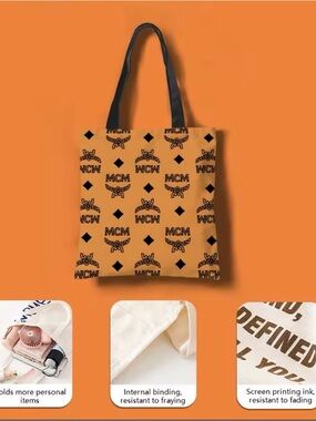 MCM-Style Logo Print Beige Tote Bag with Black Handles